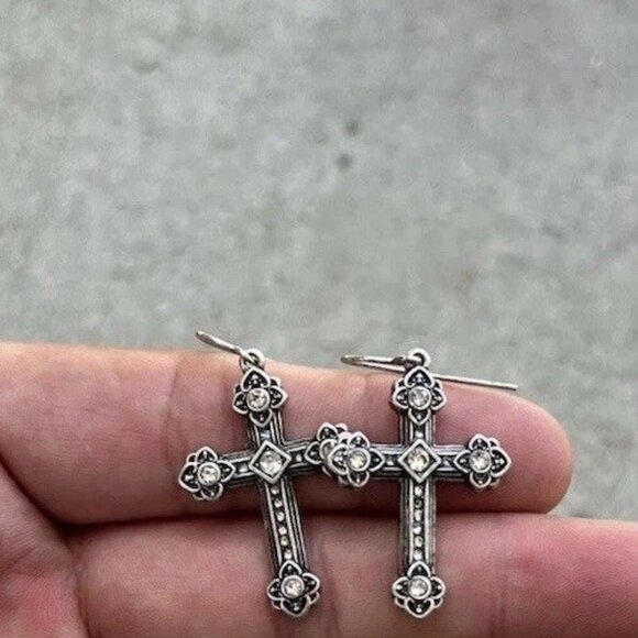 Vintage Cross Silver Tone Hook Religious Cross Dangle White Stone Earrings 1” - Picture 8 of 16